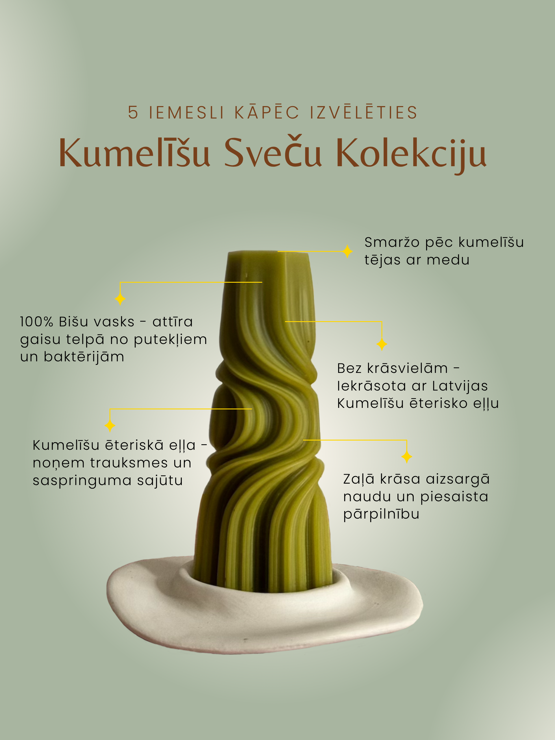Bišu vaska svece ar Kumelīšu ēterisko eļļu “Zaļā Pērļu Piramīda” Bišu vaska svece ar Kumelīšu ēterisko eļļu “Zaļā Pērļu Piramīda”